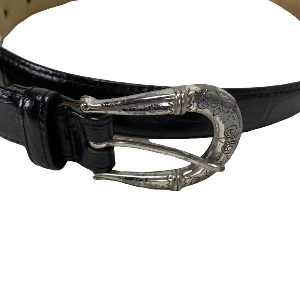 Brighton Black Leather Embossed Belt Silver Buckle‎